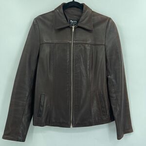 Politix Brown Collared Open Bottom Long Sleeve Zip Up Leather Jacket Size 4